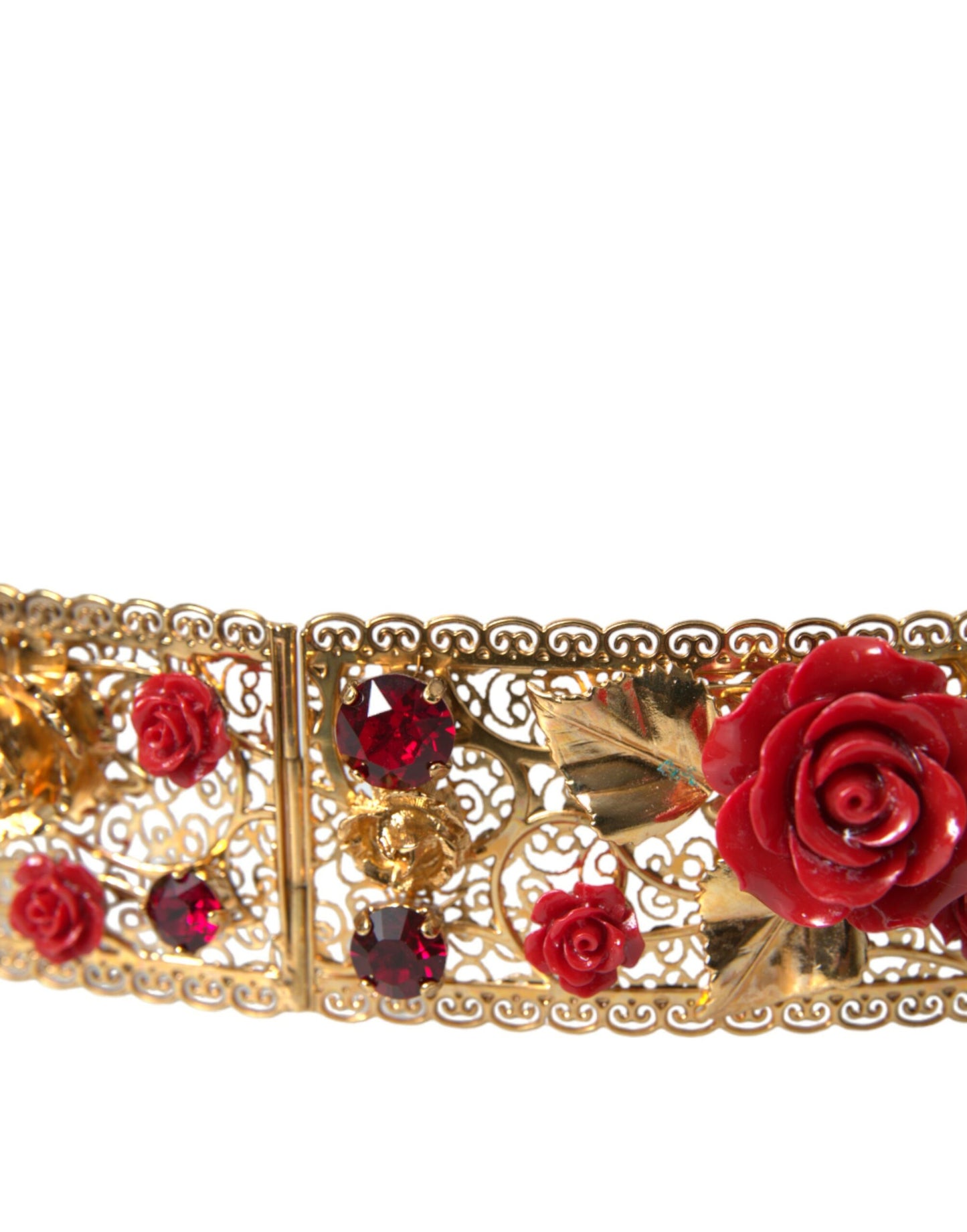 Dolce & Gabbana Gold Brass Red Roses Crystal Jewel Waist Belt