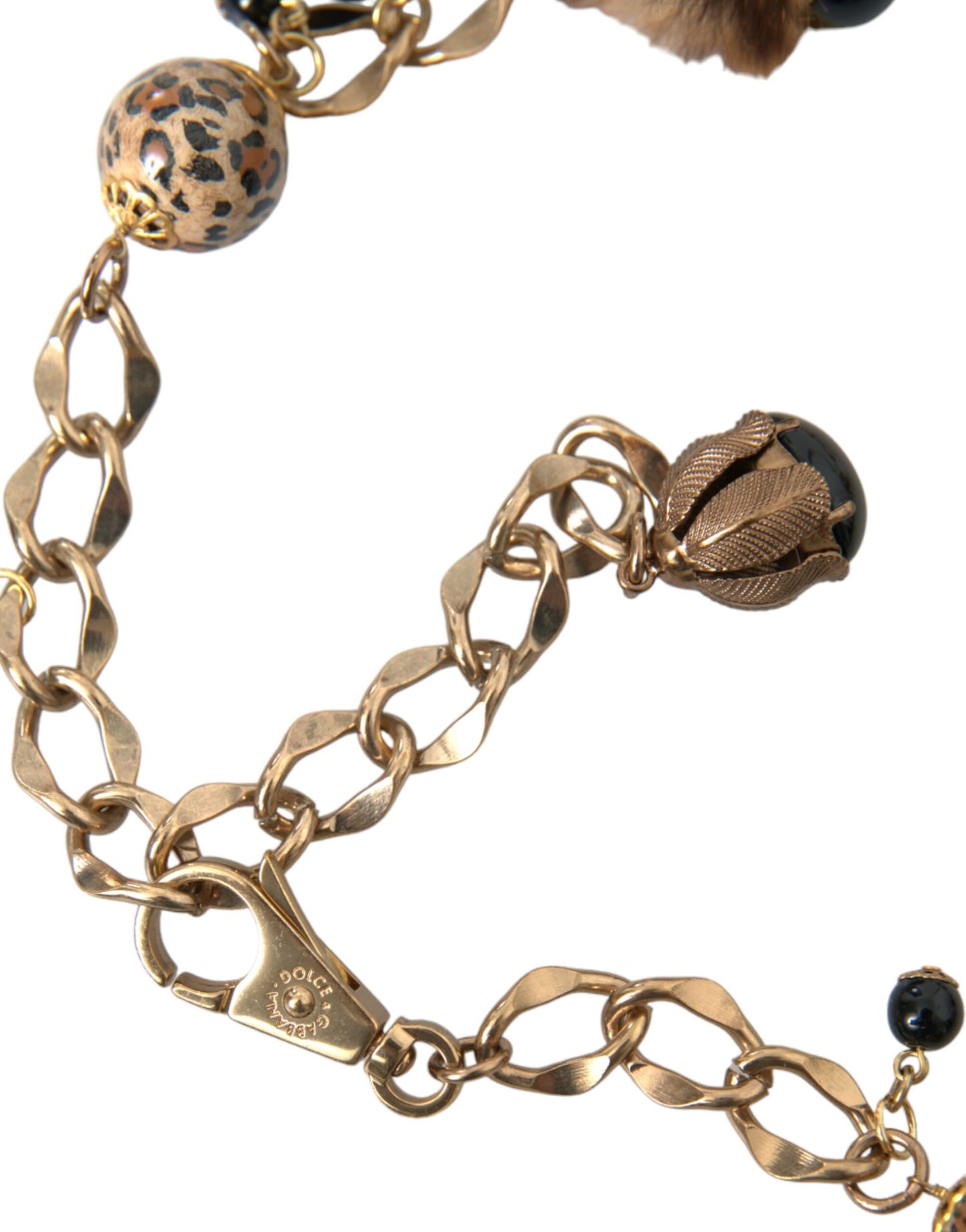 Dolce & Gabbana Gold Brass Leopard Fur Pearl Collier Chain Belt