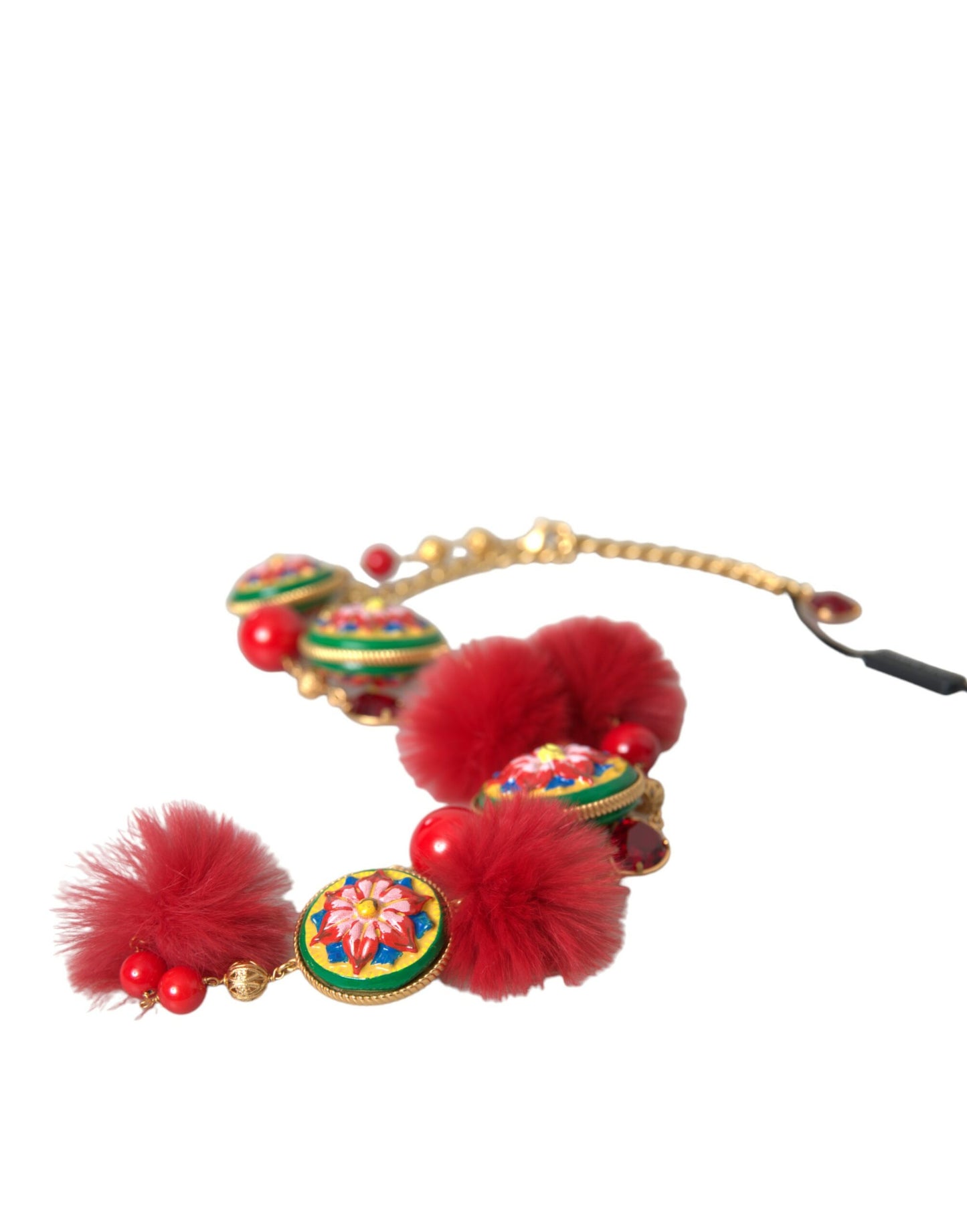 Dolce & Gabbana Gold Brass Red Fur Crystal Waist Torero Waist Belt