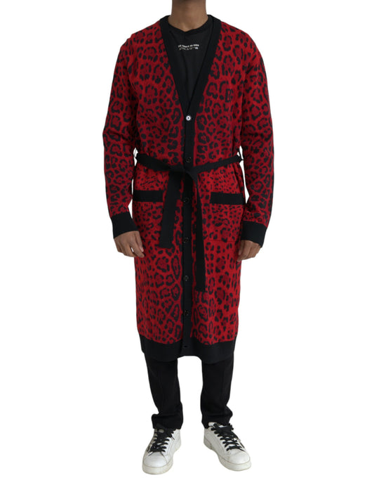 Dolce & Gabbana Red Leopard Wool Robe Belted Cardigan Sweater