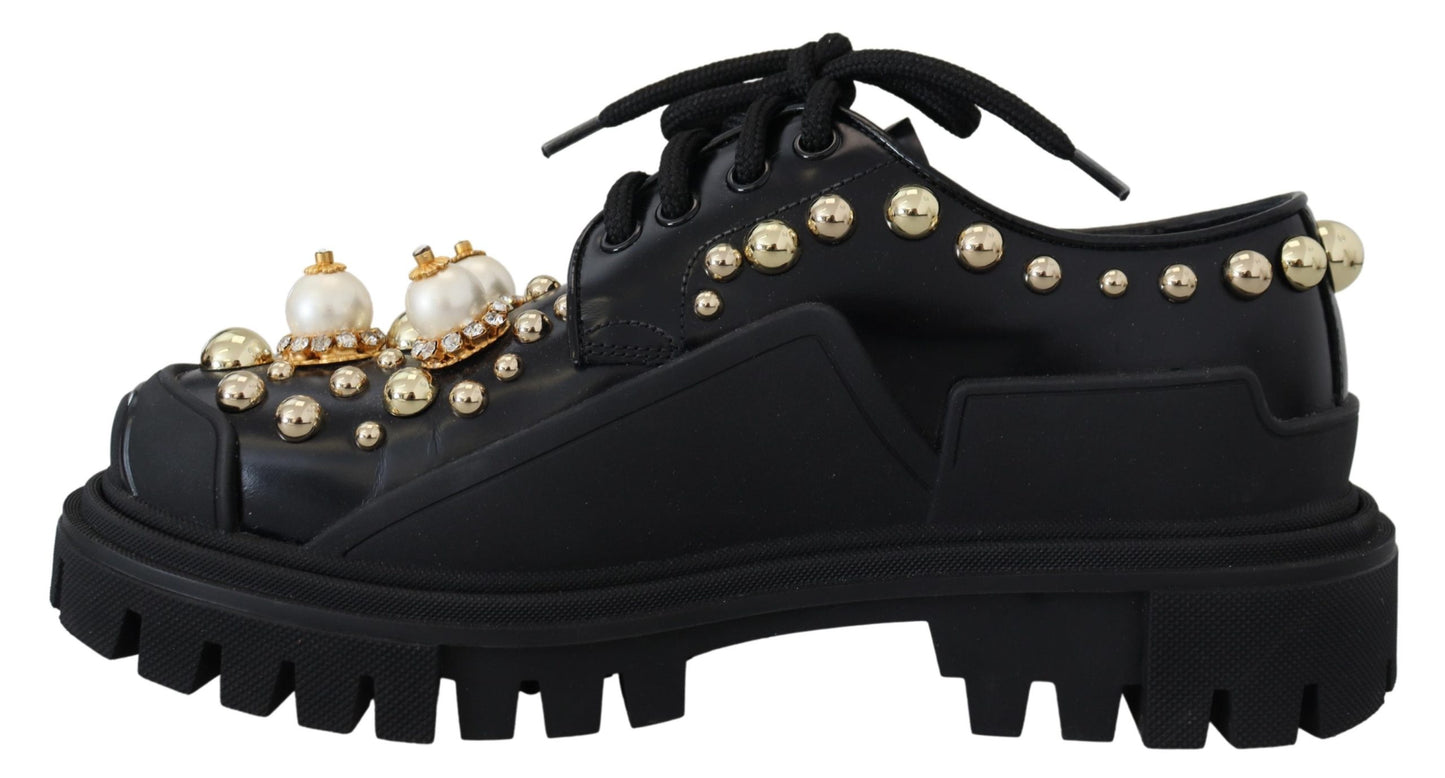 Dolce & Gabbana Timeless Black Leather Derby Flats with Glam Accents