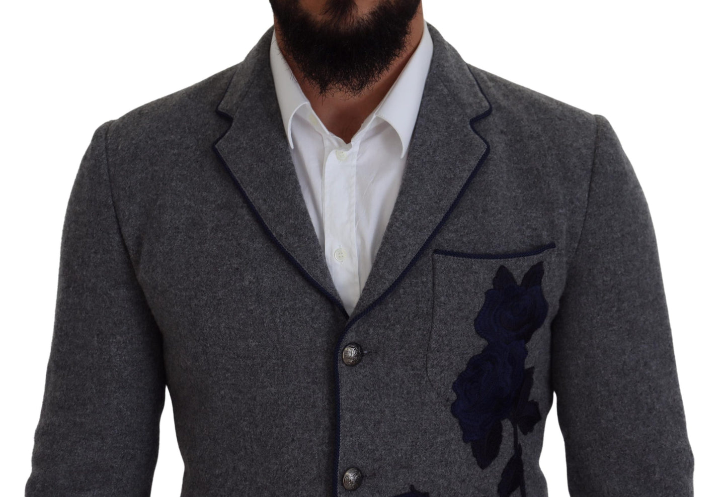 Dolce & Gabbana Elegant Gray Wool Blazer with Blue Rose Embroidery