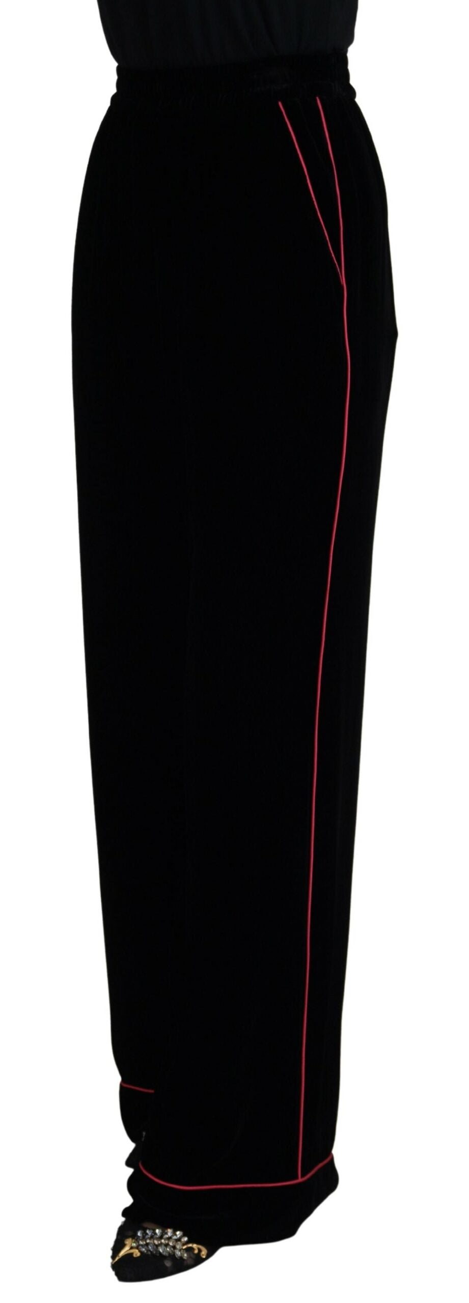 Dolce & Gabbana Sleek Black Velvet High-Waist Pants with Pink Stripes