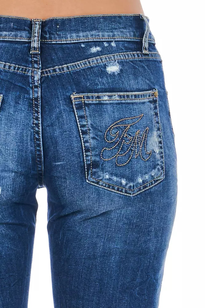 Frankie Morello Blue Cotton Blend Worn Wash Jeans