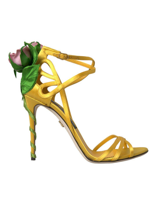 Dolce & Gabbana Yellow Flower Satin Heels Sandals Shoes