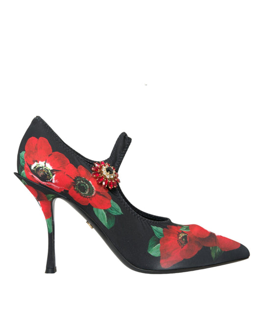 Dolce & Gabbana Black Floral Crystal Mary Jane Pumps Shoes