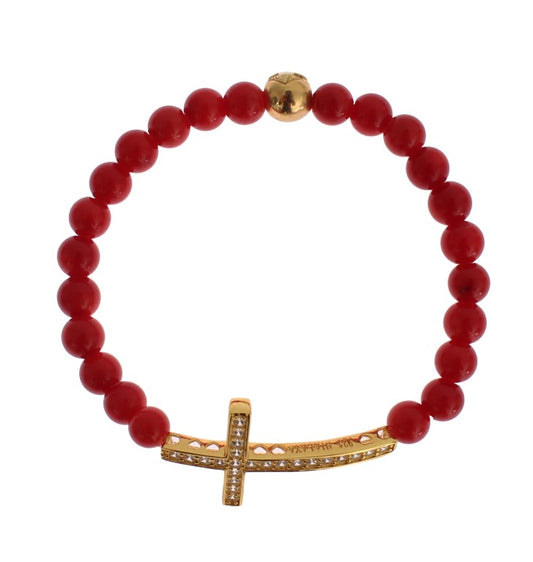 Nialaya Red Coral Gold CZ Cross 925 Bracelet en argent