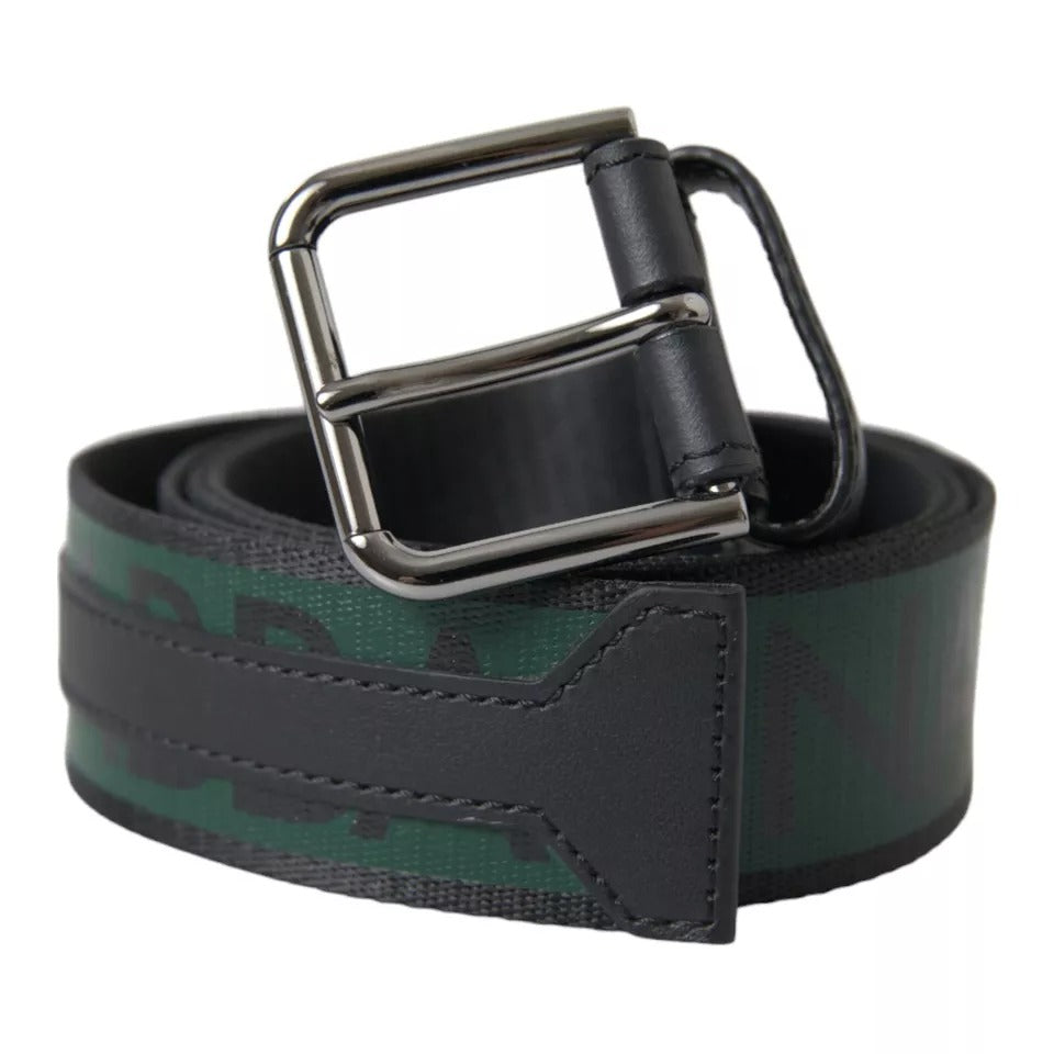 Dolce & Gabbana Black Green Logo Silver Metal Buckle Belt