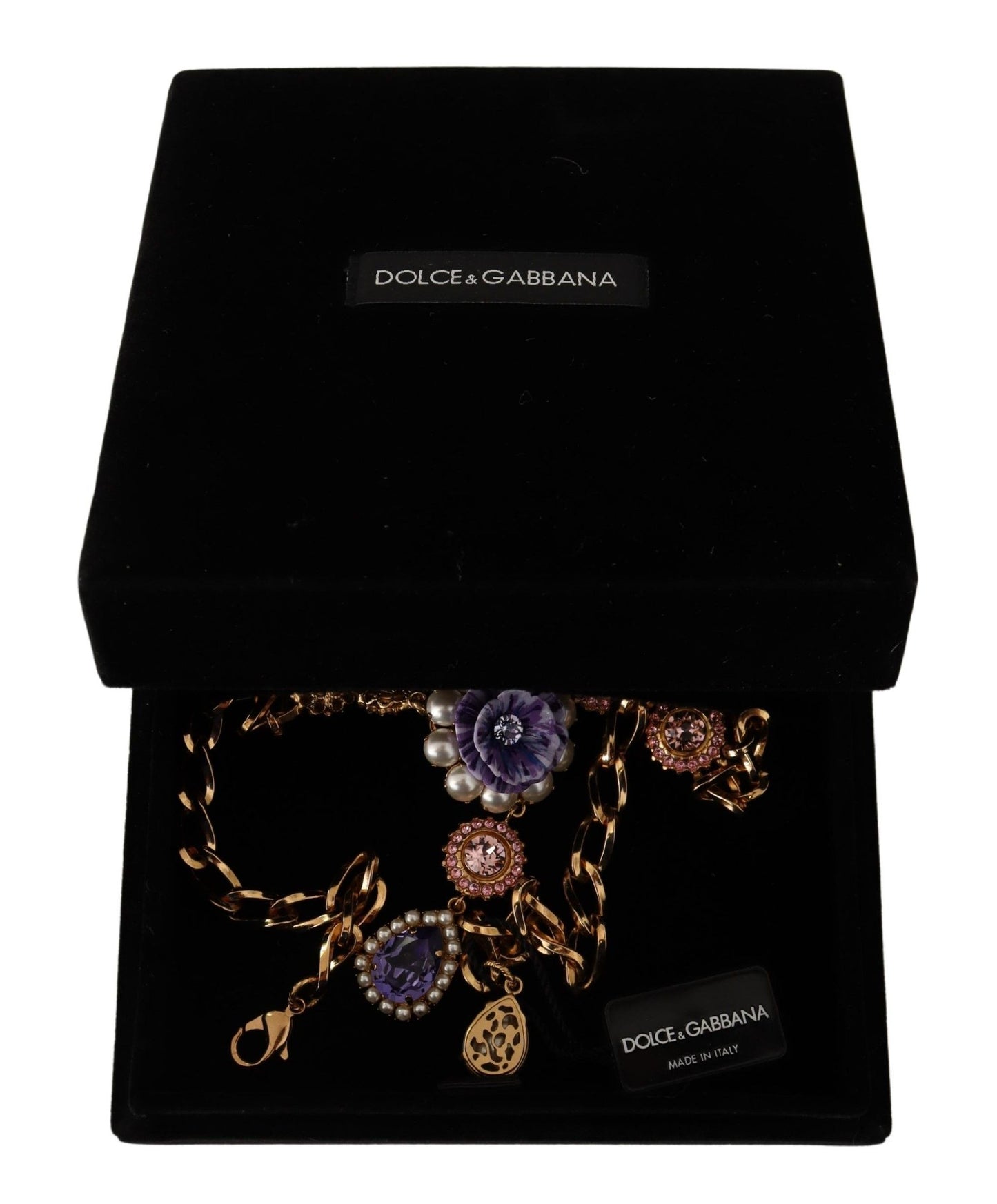 Dolce & Gabbana Gold Messing Crystal Purple Pink Pearl Anhänger Halskette