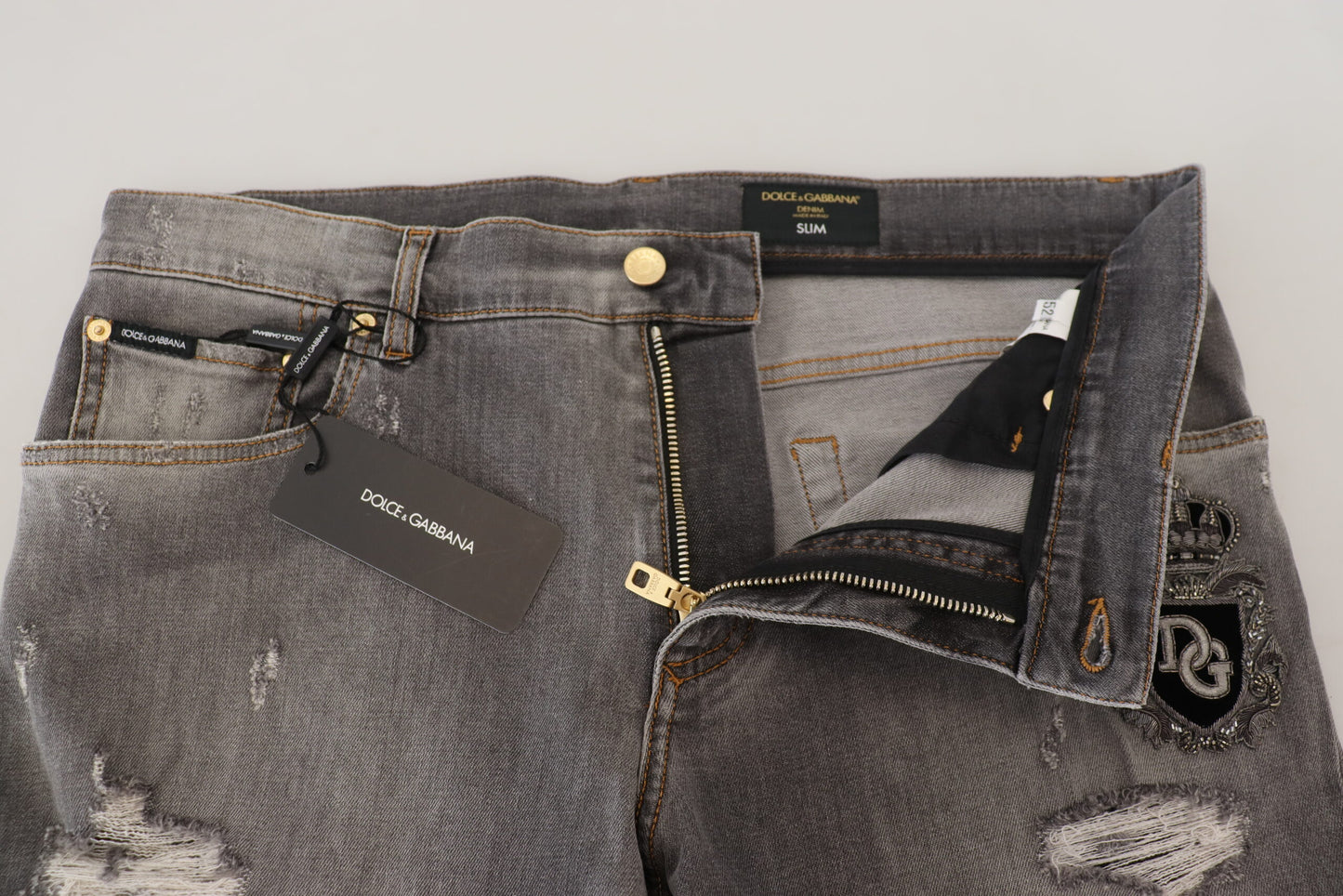 Dolce & Gabbana Grey Gridy Jeans en denim Slim Fit en lambeaux