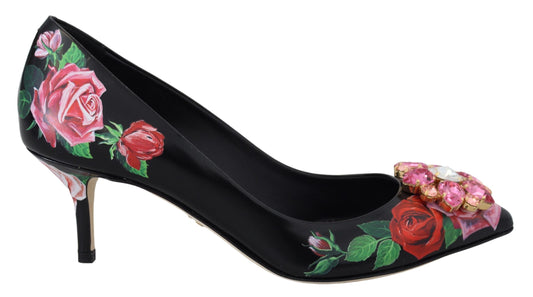 Dolce & Gabbana Schwarze Blumendruckkristall Heels Pumpen Schuhe Pumpen