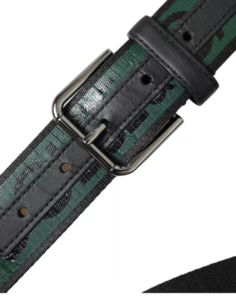 Dolce & Gabbana Black Green Logo Silver Metal Buckle Belt