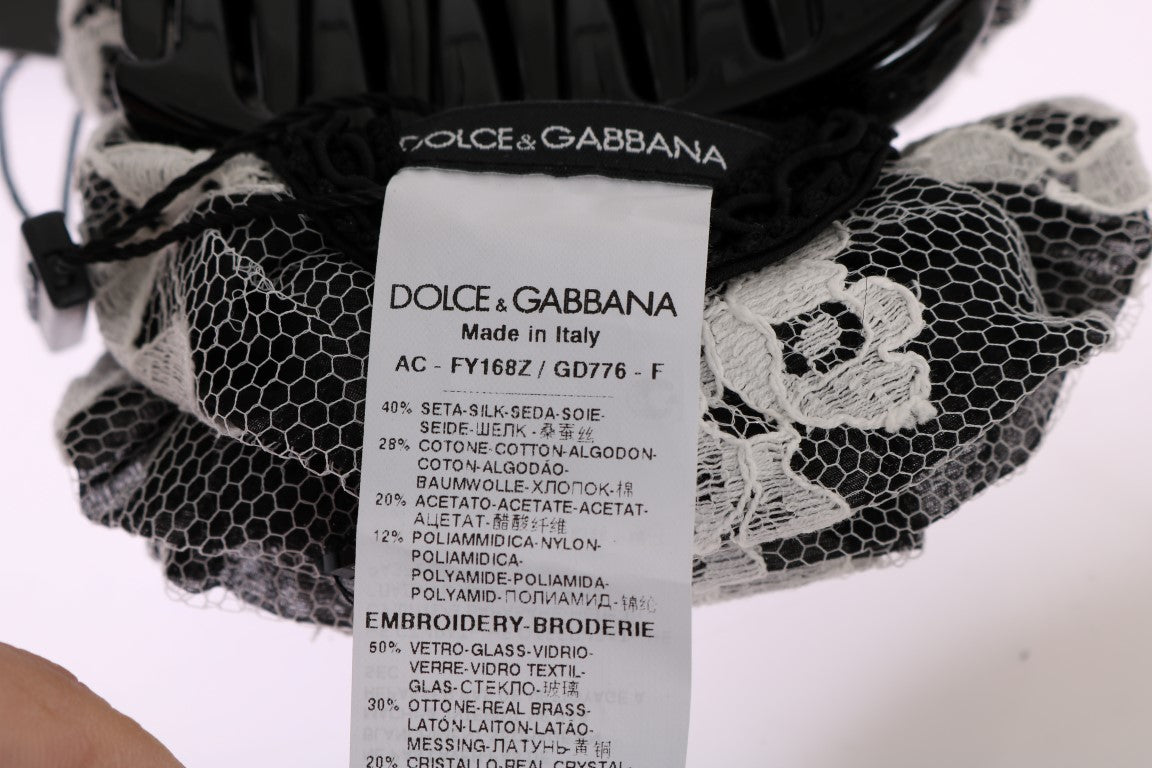 Dolce & Gabbana Elegant Black & White Floral Lace Crystal Hair Claw