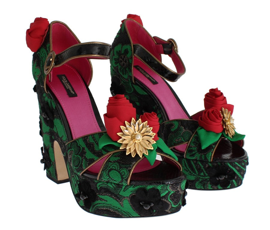 Dolce & Gabbana Green Brocade Roses en peau de serpent Chaussures en cristal