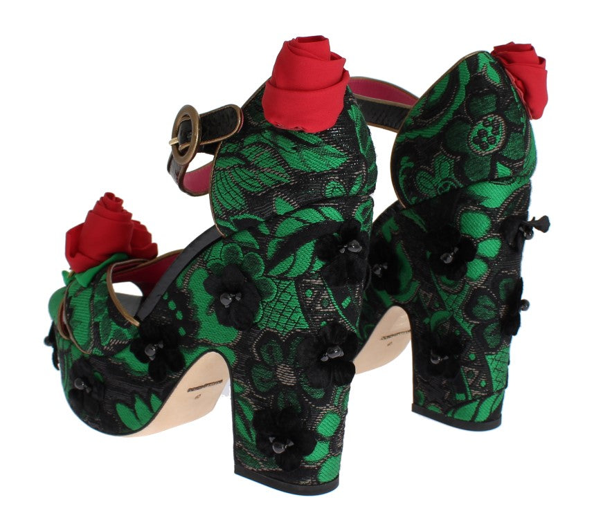 Dolce & Gabbana Green Brocade Schlangenleder Rosen Kristallschuhe