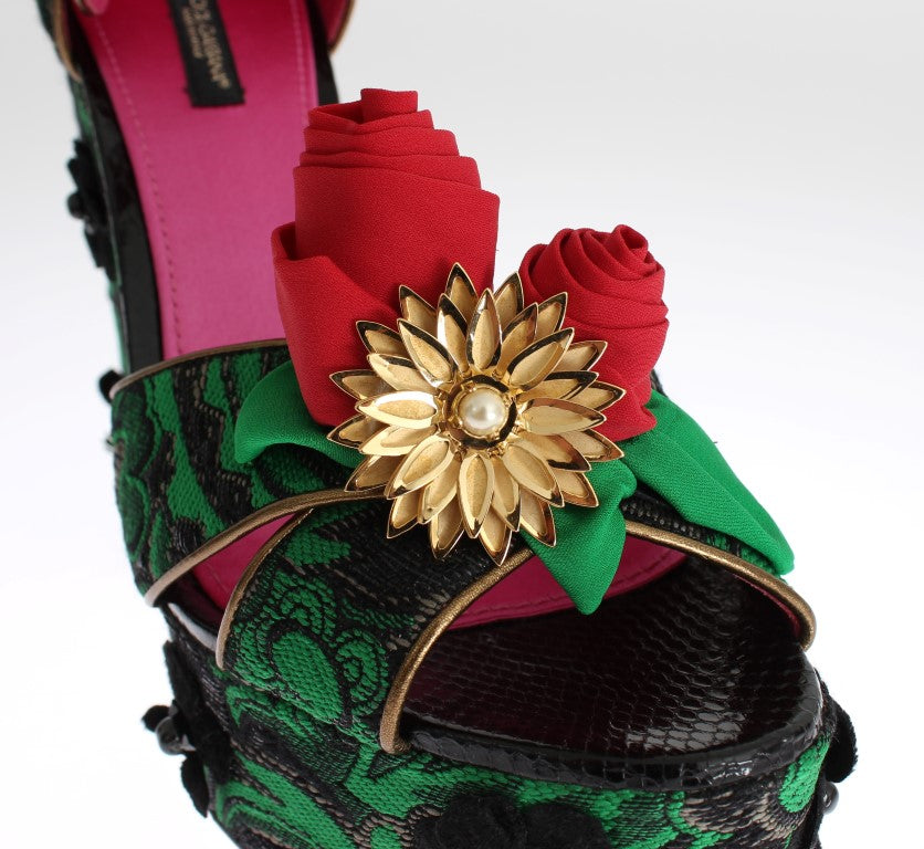 Dolce & Gabbana Green Brocade Schlangenleder Rosen Kristallschuhe
