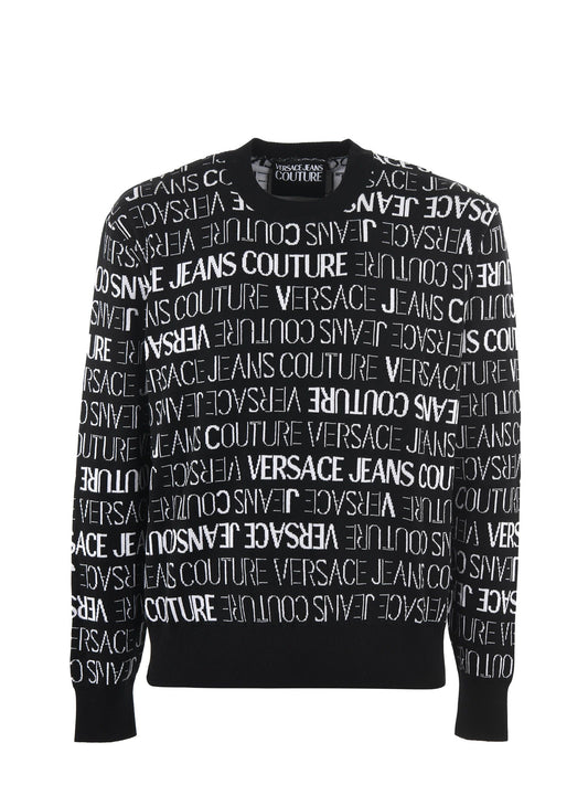 Versace Jeans Black and White Cotton Logo Détails Pull