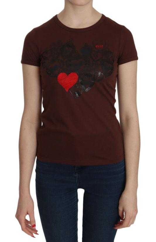 Exte Brown Heart Print Crew Nou T-shirt Blouse à manches courtes