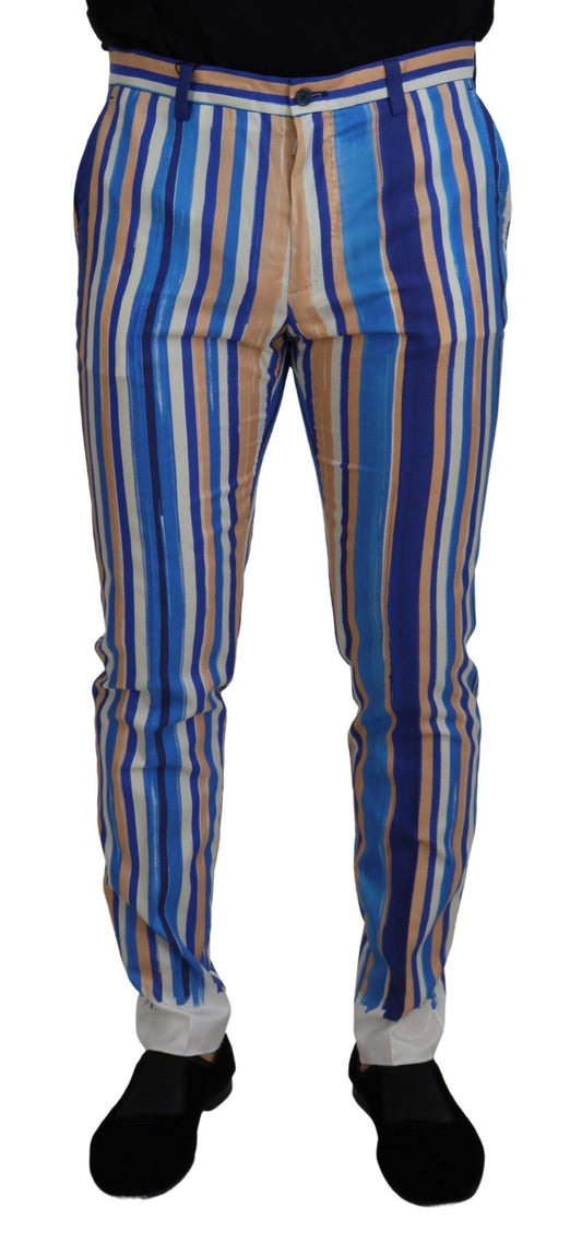 Dolce & Gabbana Blue Striped Silk Cotton Cotton Slim pantalon