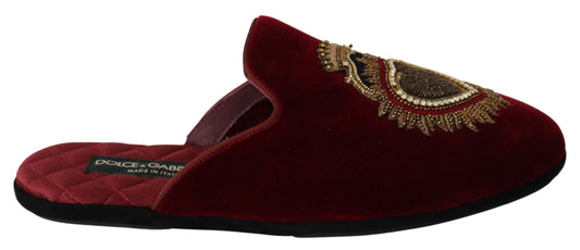 Dolce & Gabbana Red Velvet Sacred Heart Embroides Slides Chaussures