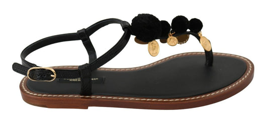 Dolce & Gabbana Schwarze Ledermünzen Flip Flops Sandalen Schuhe Schuhe