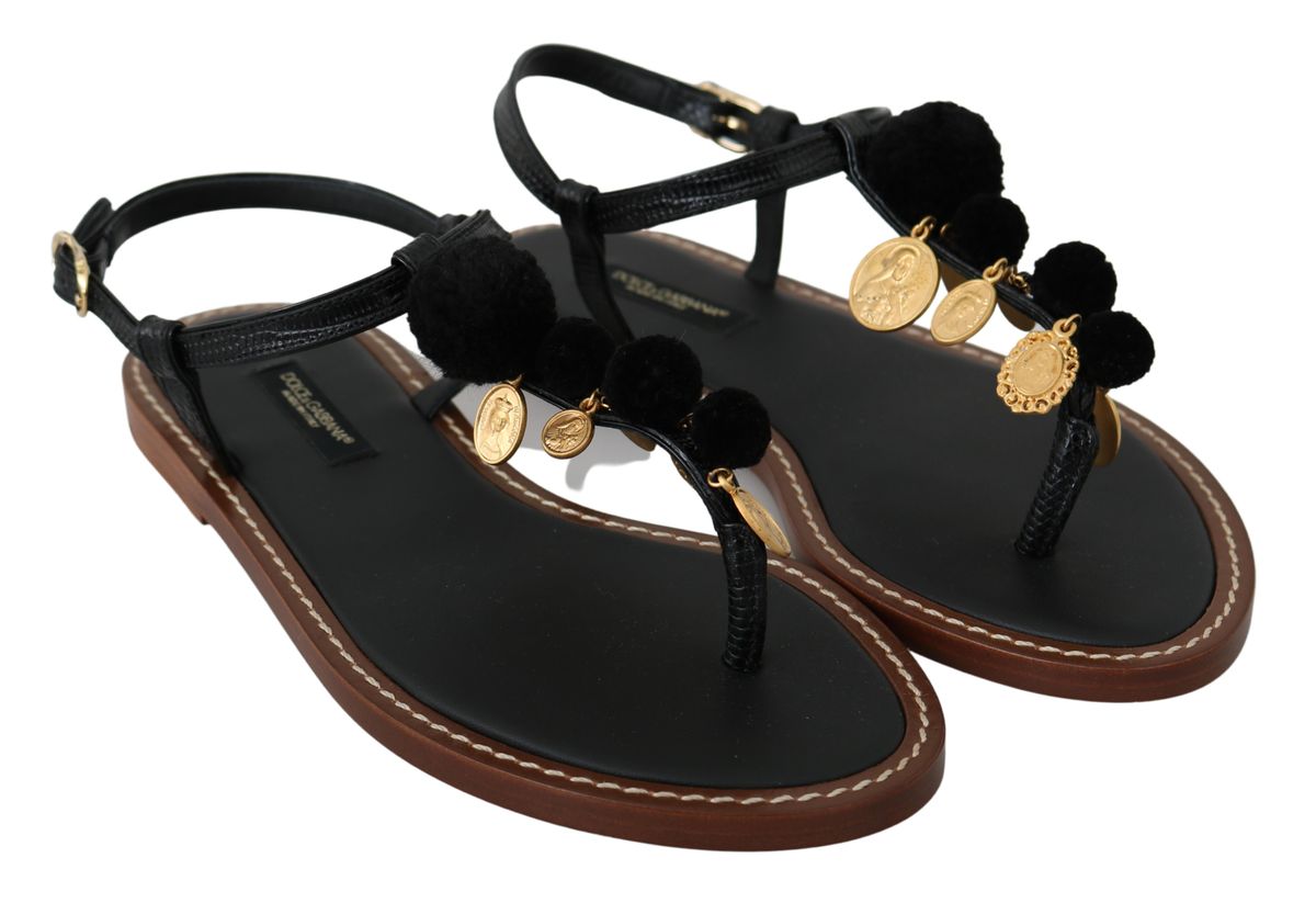 Dolce & Gabbana Black Leather Coins tongs Sandals Chaussures