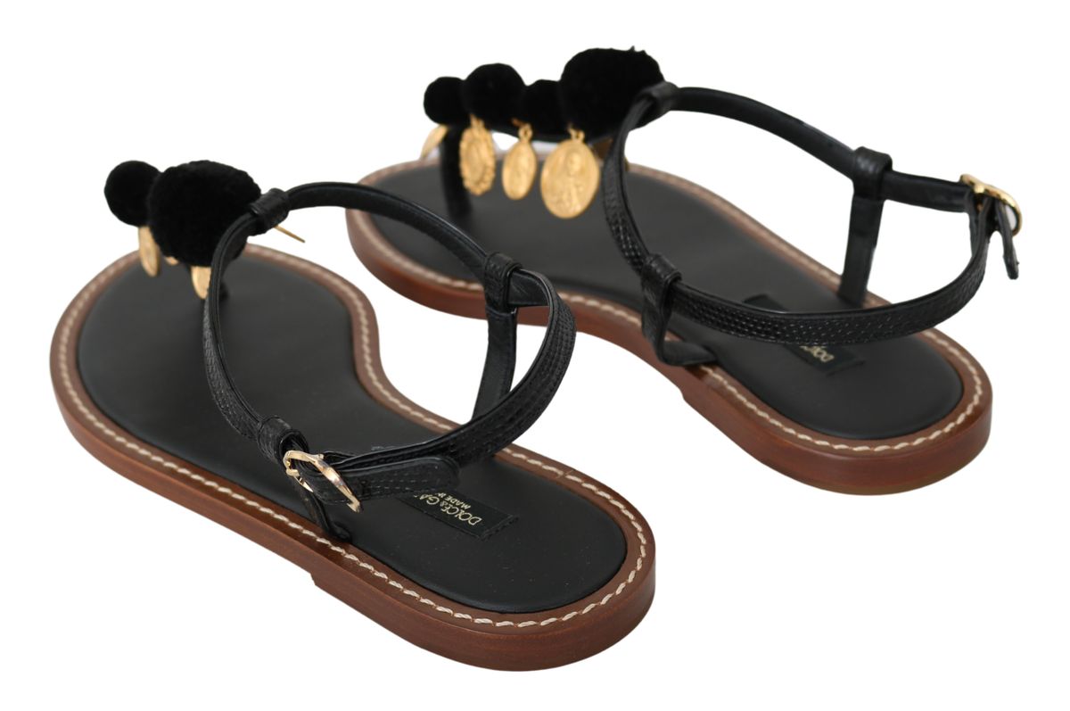 Dolce & Gabbana Black Leather Coins tongs Sandals Chaussures