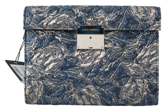 Dolce & Gabbana Blau Silber Jacquard Leder Dokument Aktentasche