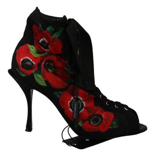 Dolce & Gabbana Black Red Roses Caving Booties Scarpe