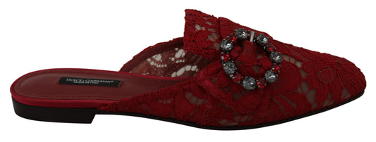 Dolce & Gabbana Red Lace Crystal Slide sur les chaussures Flats