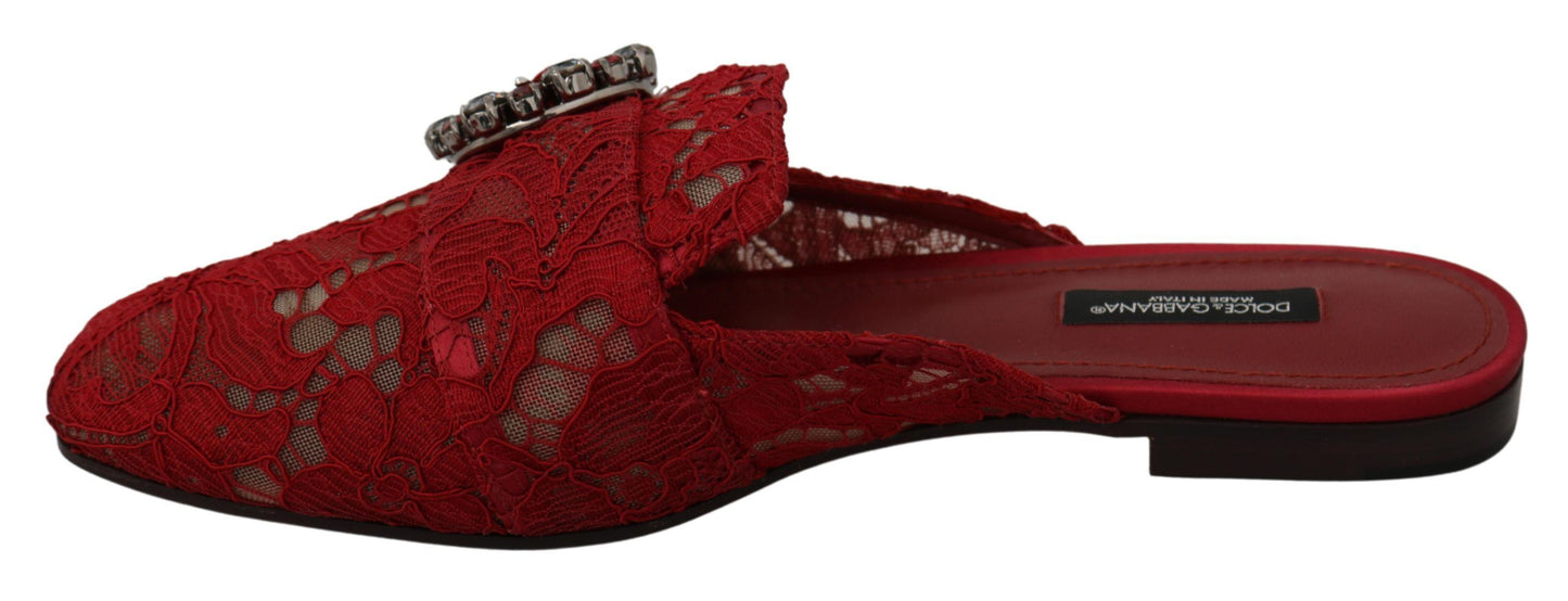 Dolce & Gabbana Red Lace Crystal Slide sur les chaussures Flats