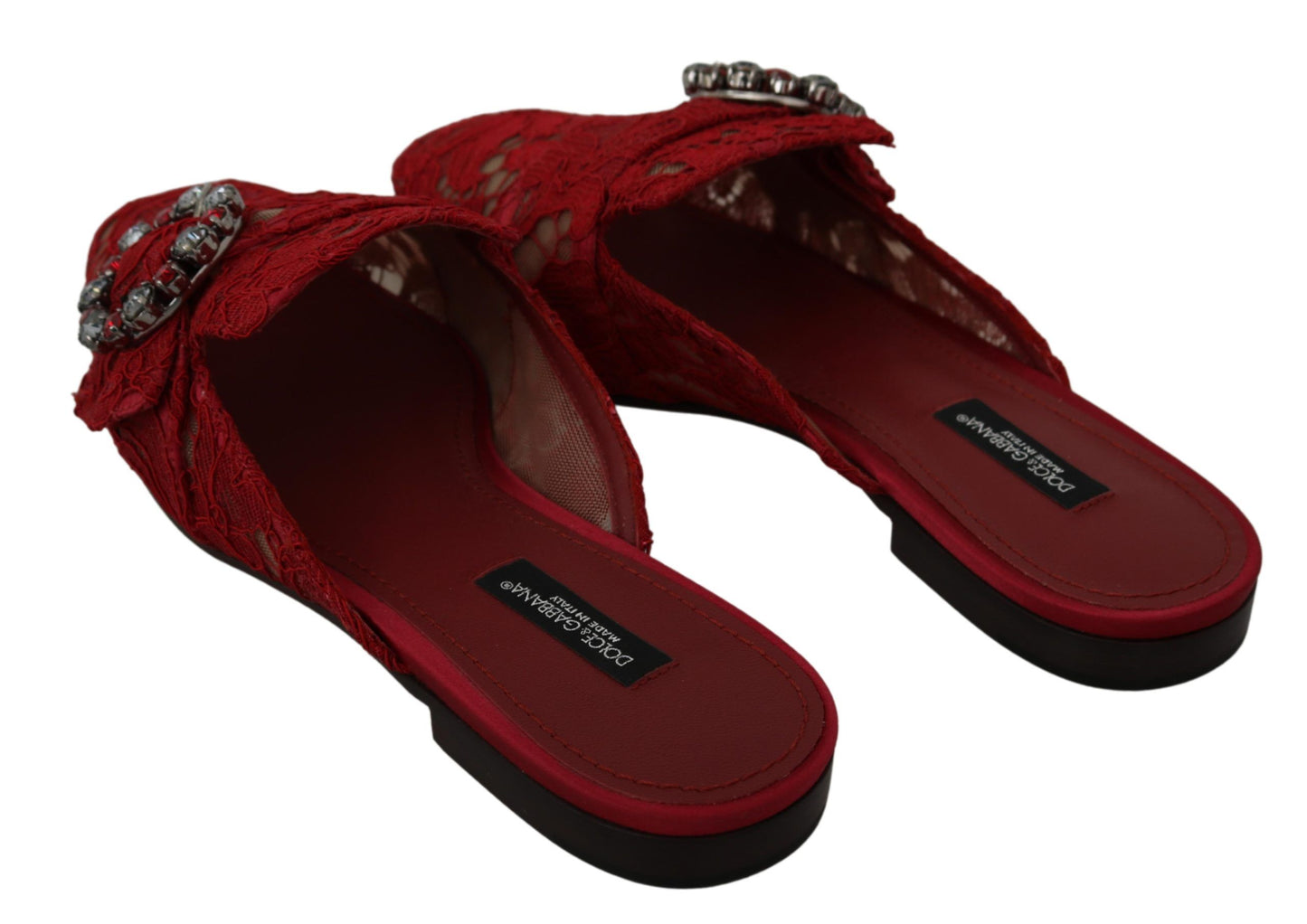 Dolce & Gabbana rote Spitzenkristall -Rutschen auf Flats Schuhen