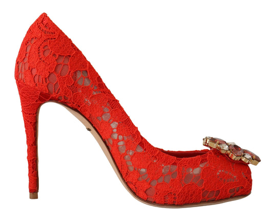 Dolce & Gabbana Red Taormina Lace Crystal Heels Pompes