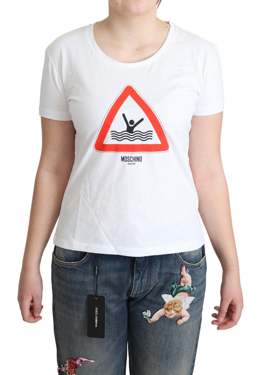 T-shirt à imprimé triangle graphique de coton blanc Moschino