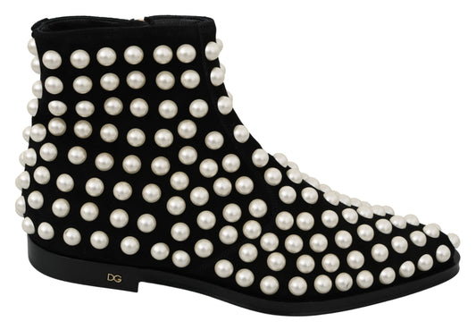 Dolce & Gabbana Schwarze Wildleder Perlenstollen Stiefel Schuhe
