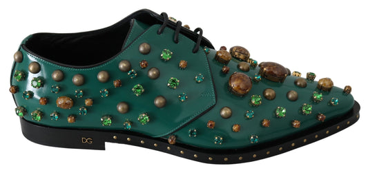 Dolce & Gabbana Grüne Lederkristallkleid Broque Schuhe