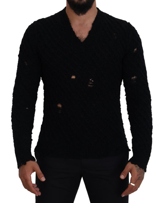 Dolce & Gabbana Black Wool V-Ausschnitt Strickpullover Pullover