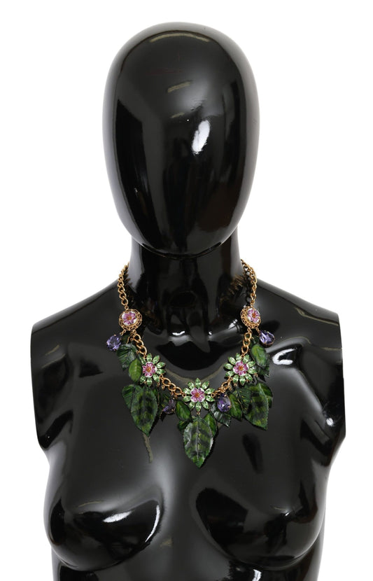 Dolce & Gabbana Grüne Blätter Gold Messing Kristallblüte Anhänger Halskette