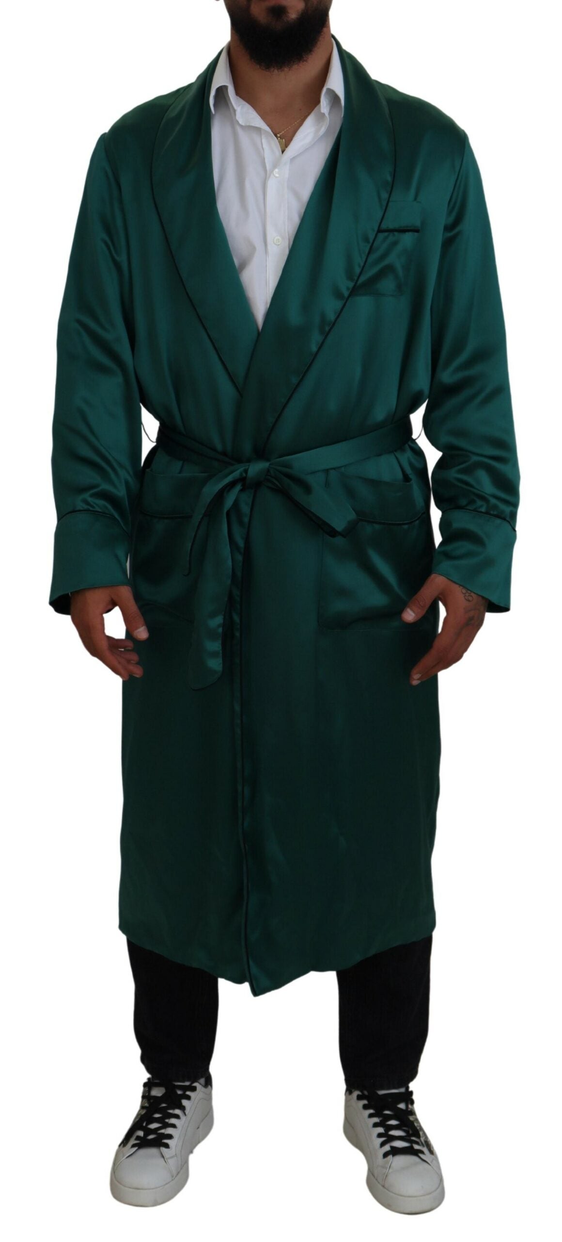 Dolce & Gabbana Grüne Seiden -Taillengürtel -Robe Nachtwäsche