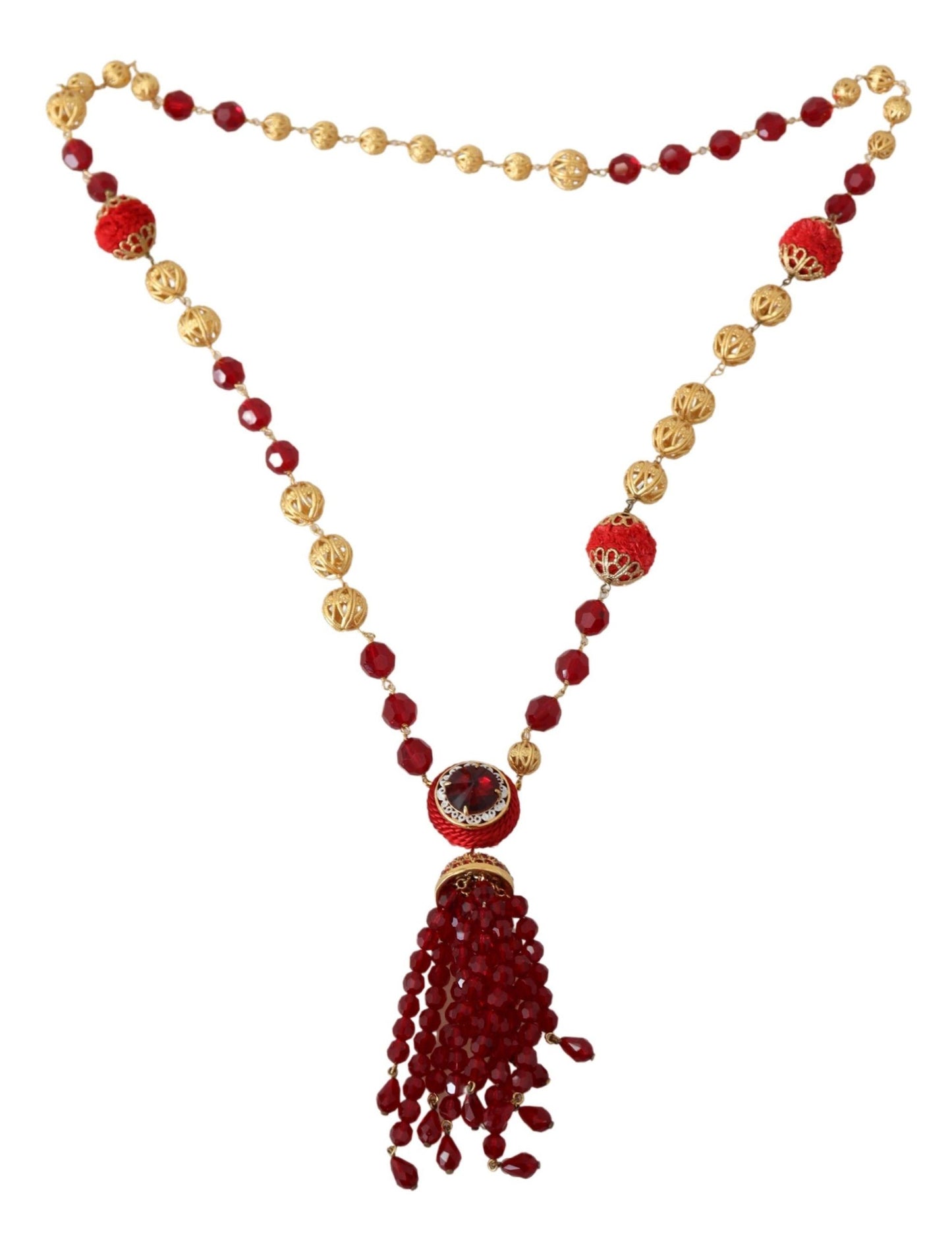 Dolce & Gabbana Gold Tone Ottone Red Crystals Collana a catena opera a sospensione