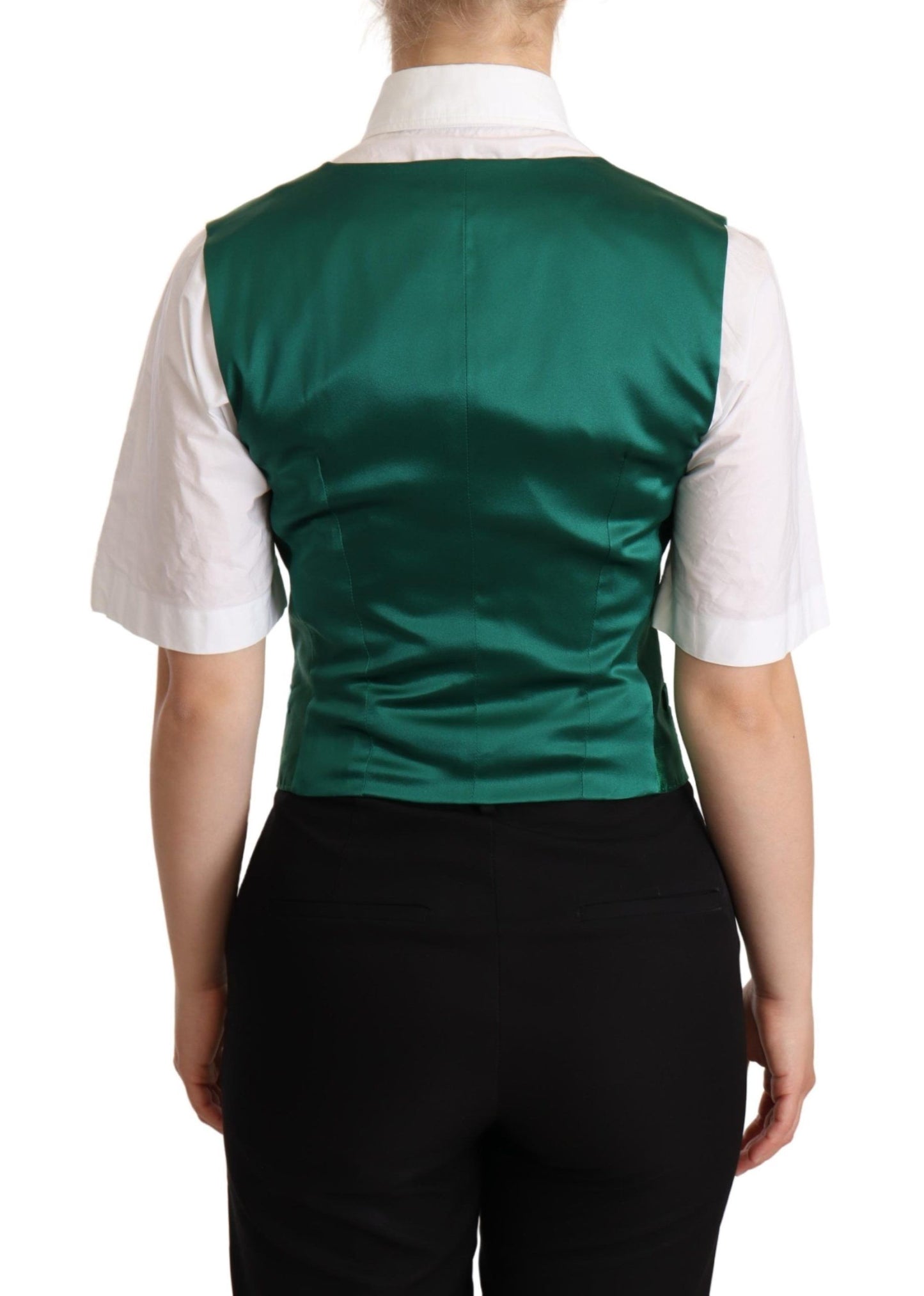 Dolce & Gabbana Green Silk Satin Sleeveveless WitCoat Stupt