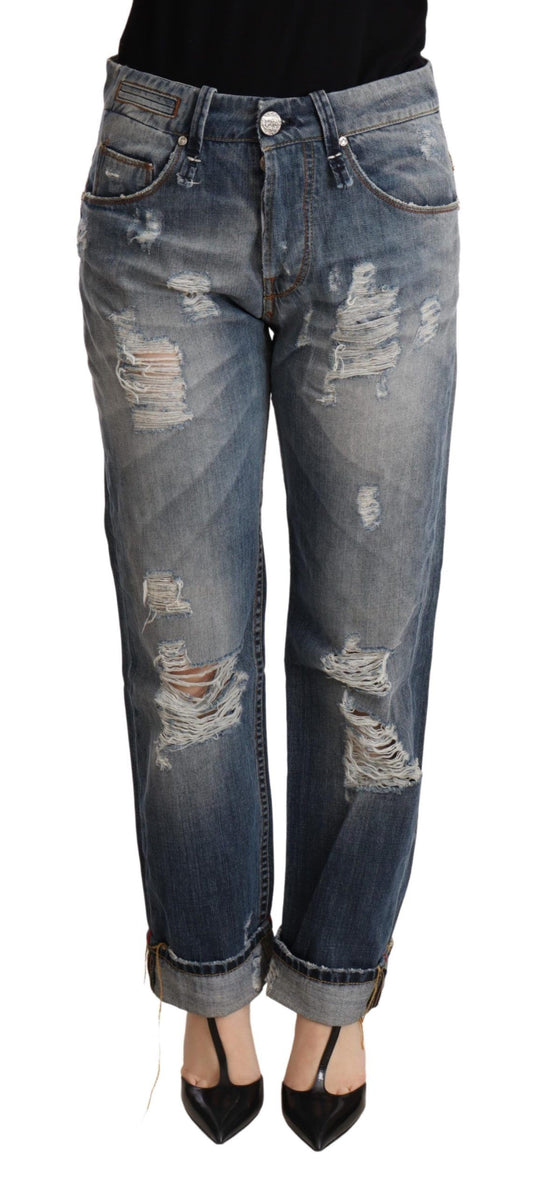 Acht Blue Tattered Mid Taille Gerade Jeanshose