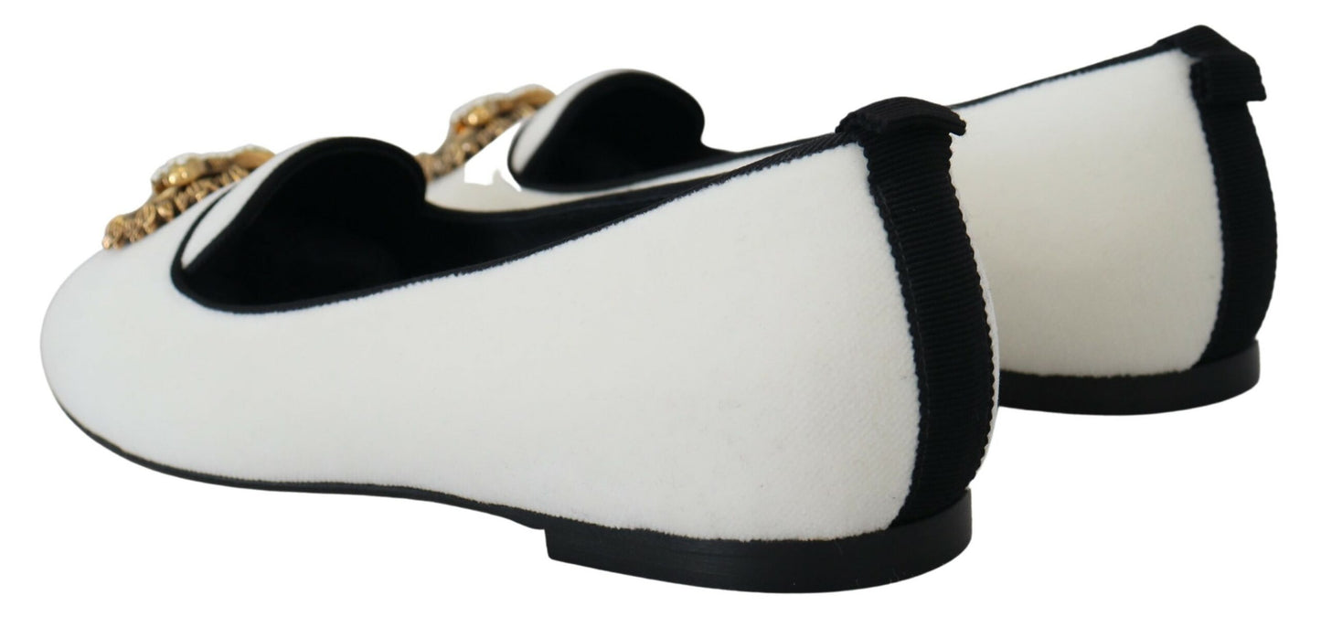 Dolce & Gabbana White Samt Slip Ons Slaafers Flats Schuhe