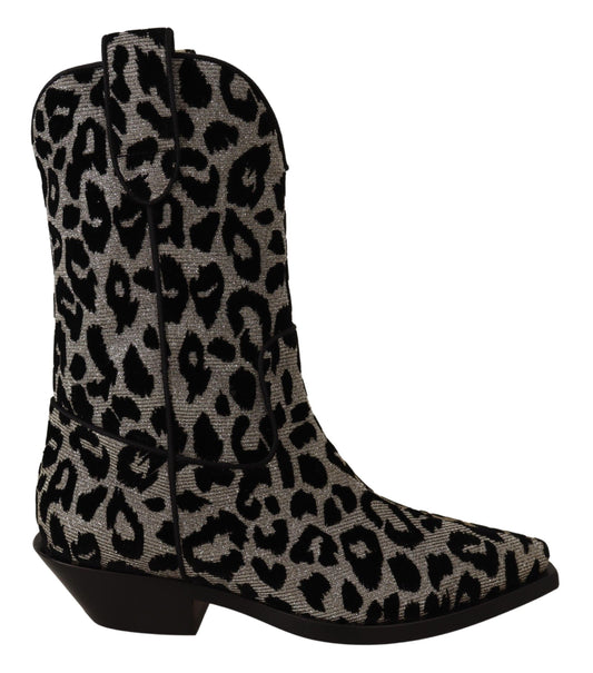 Dolce & Gabbana Gray Black Leopard Cowboy Boots Schuhe