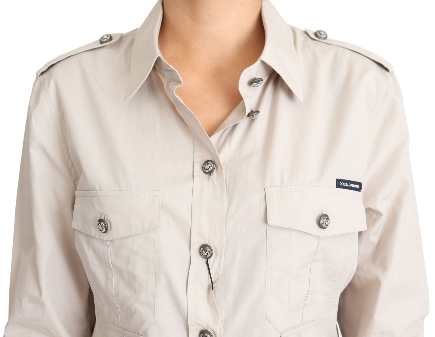 Dolce & Gabbana Beige Poplin Safari Fitted Pocket Shirt Top