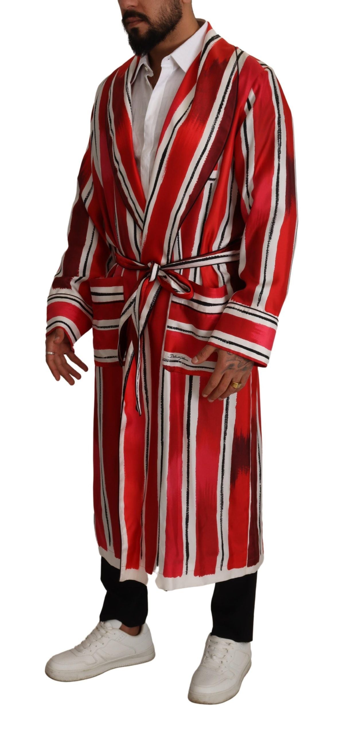 Dolce & Gabbana Red White Striped Silk Mens Robe Robe