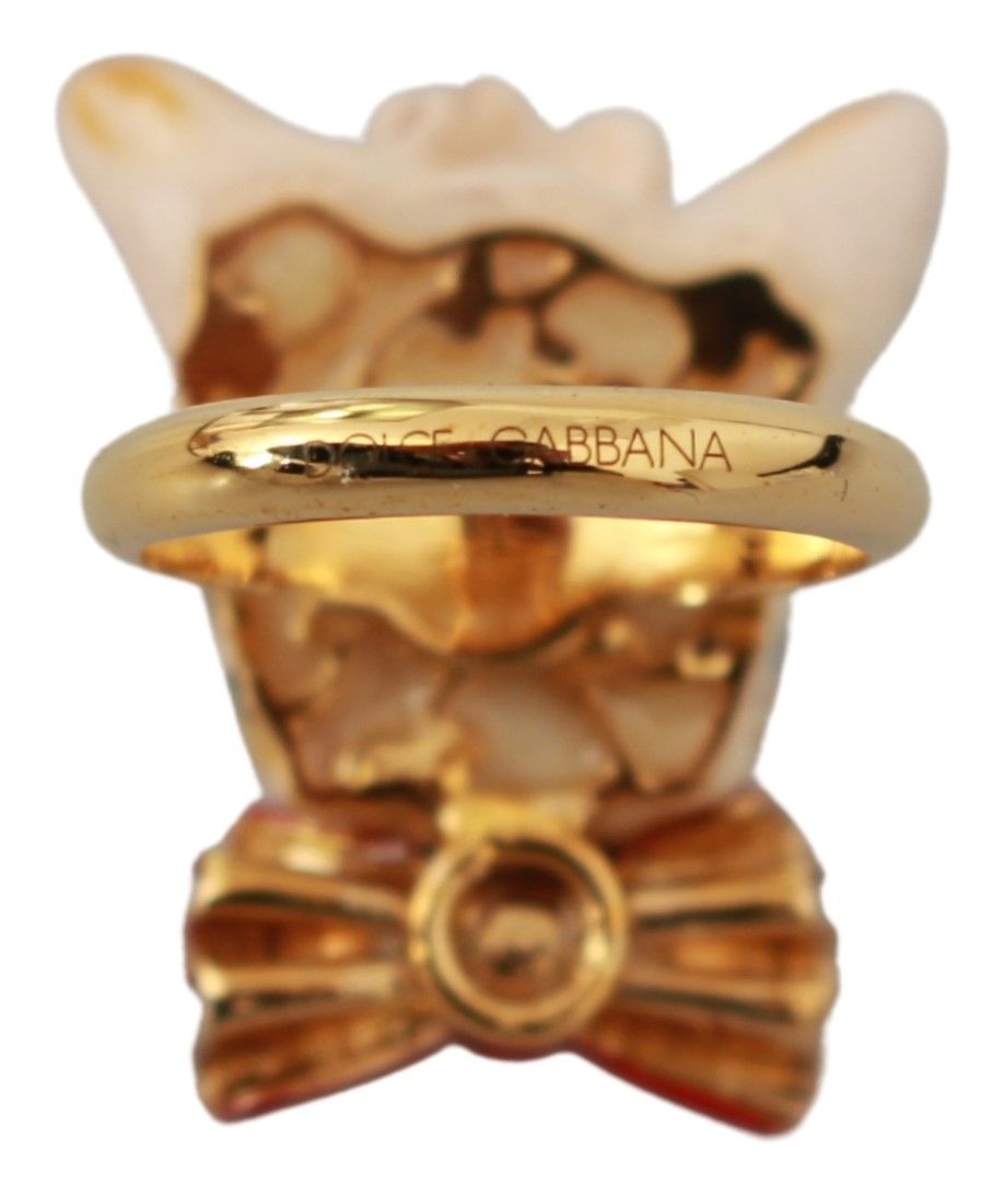 Dolce & Gabbana Gold Brass Harz Beige Hunde Haustiermarke Accessoire Ring