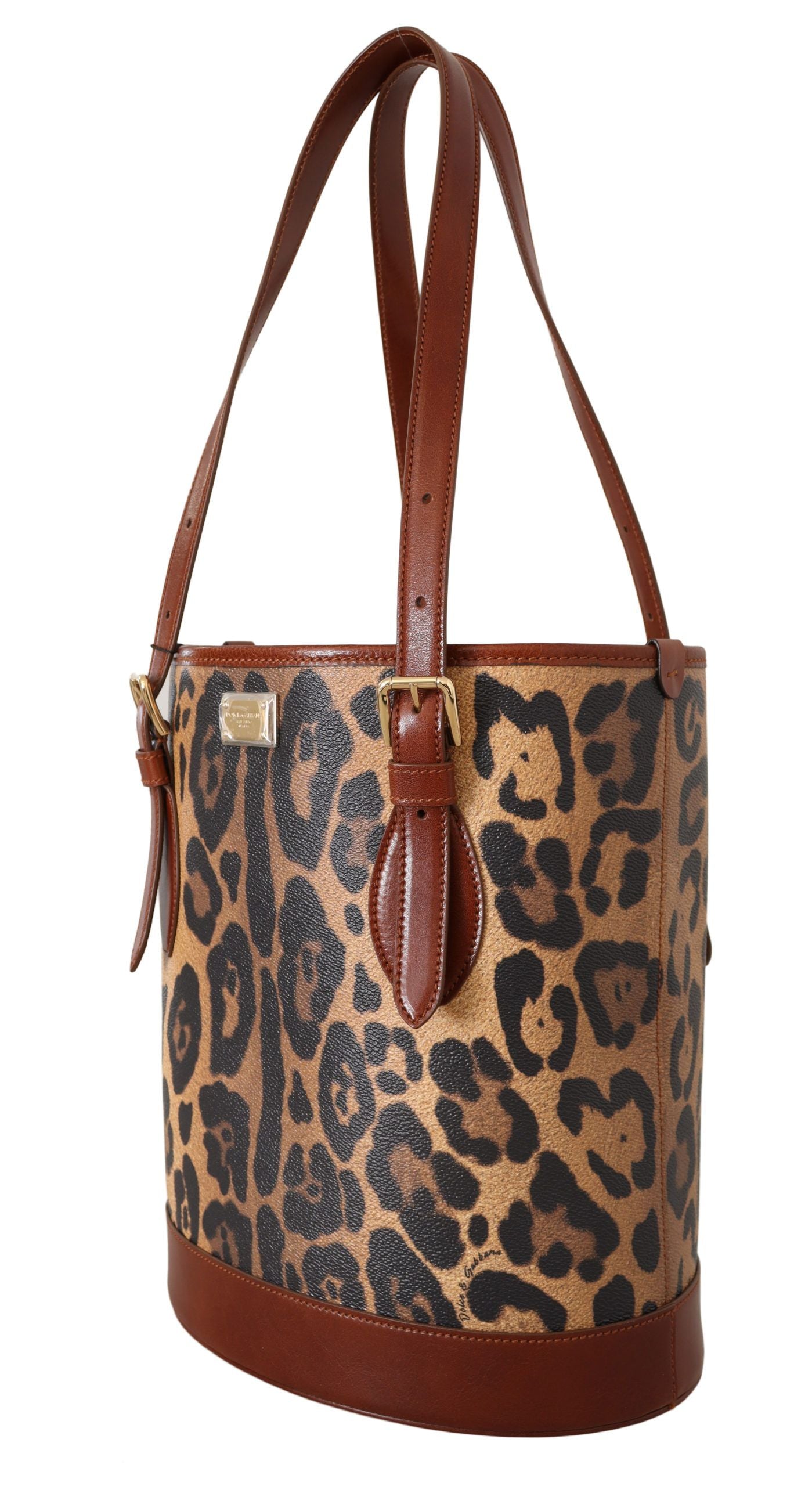 Dolce & Gabbana Brown Leopard Pattern Shopping Borsa del secchio a mano