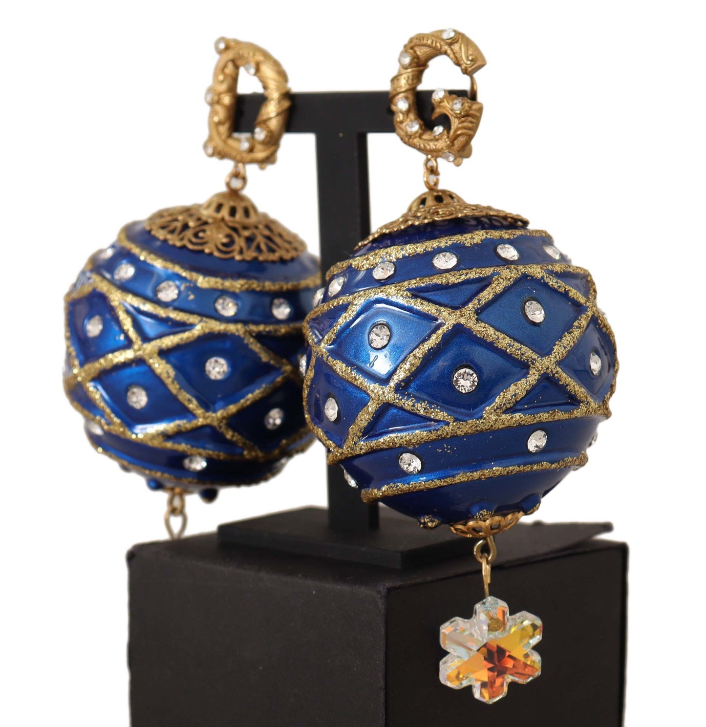 Dolce & Gabbana Gold Messing Blue Christmas Ball Crystal Clip an Ohrringen