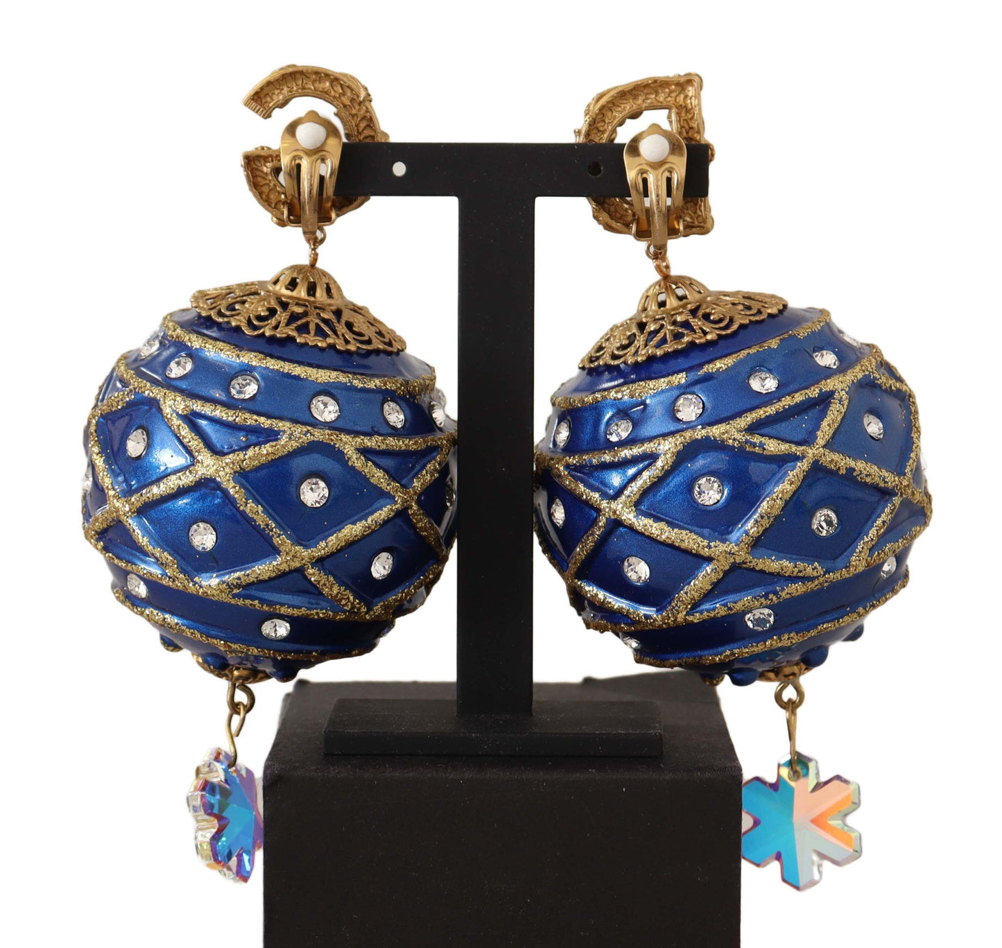 Dolce & Gabbana Gold Brass Blue Christmas Ball Crystal Clip sur les boucles d'oreilles